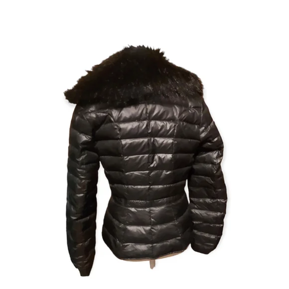 moda international Coat S Jacket Quilted Black Full Zip Moto Fur Collared - Picture 3 of 3